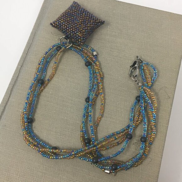 Handmade Iridescent Square Seed Bead Pouch Multi-Strand Matte Hematite Necklace - Picture 7 of 16